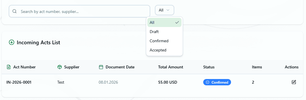 Interface showing Receiving Acts List with Filters