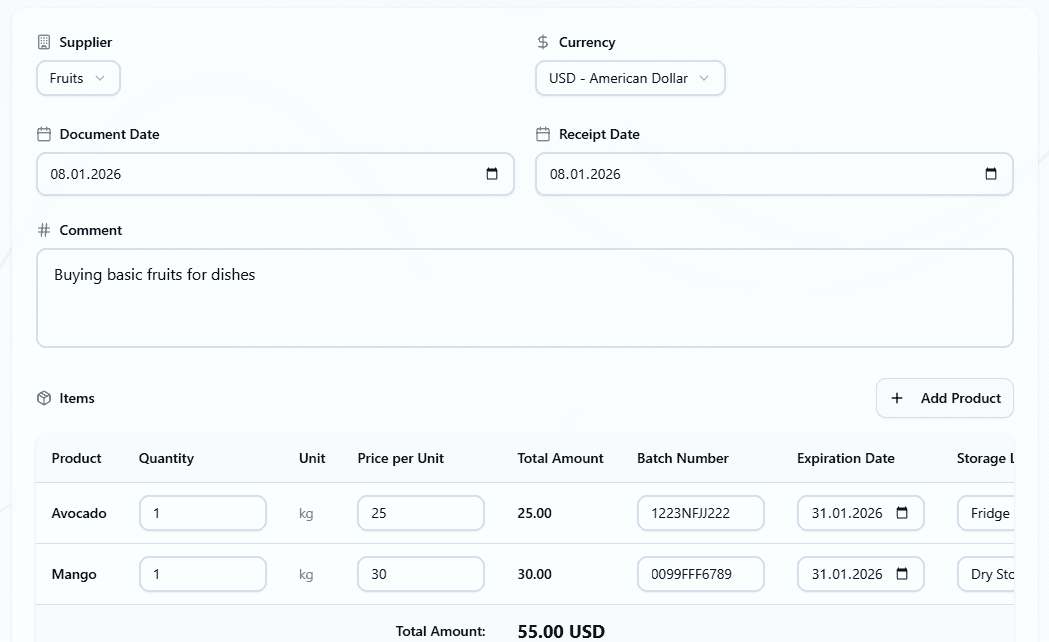Interface showing Creating New Receiving Act