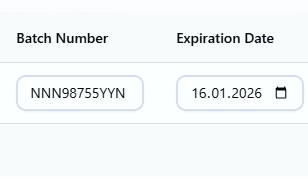 Interface showing Expiration Date and Batch Number Fields