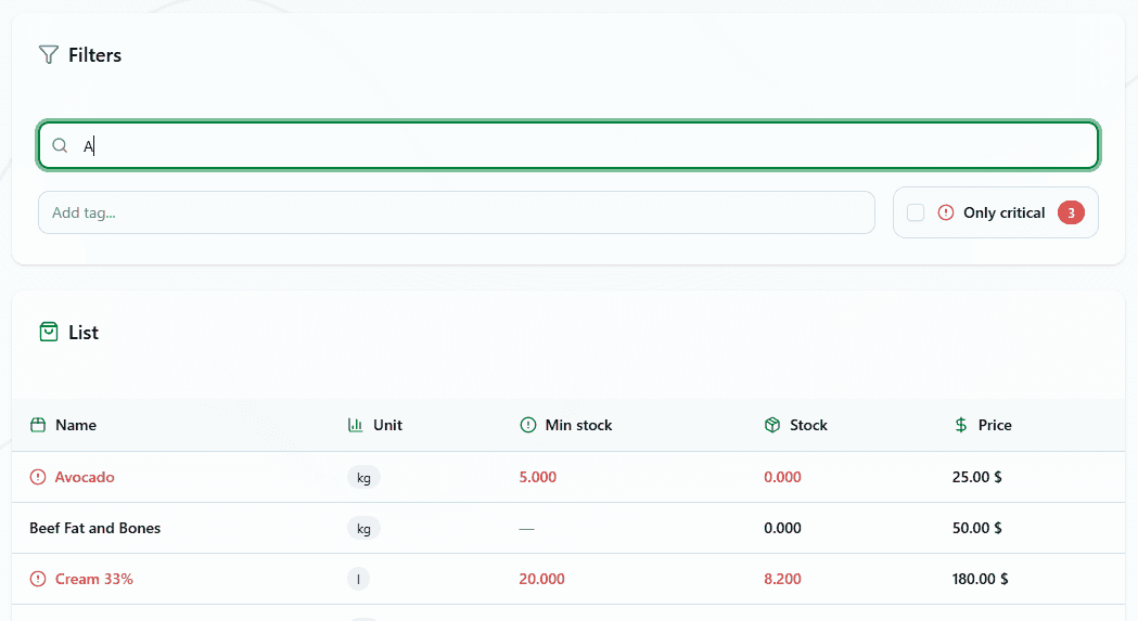 Interface showing Product Catalog View