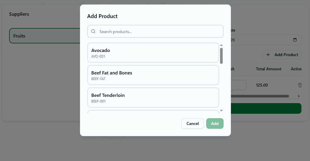 Interface showing Supplier Purchase Orders Creation Form
