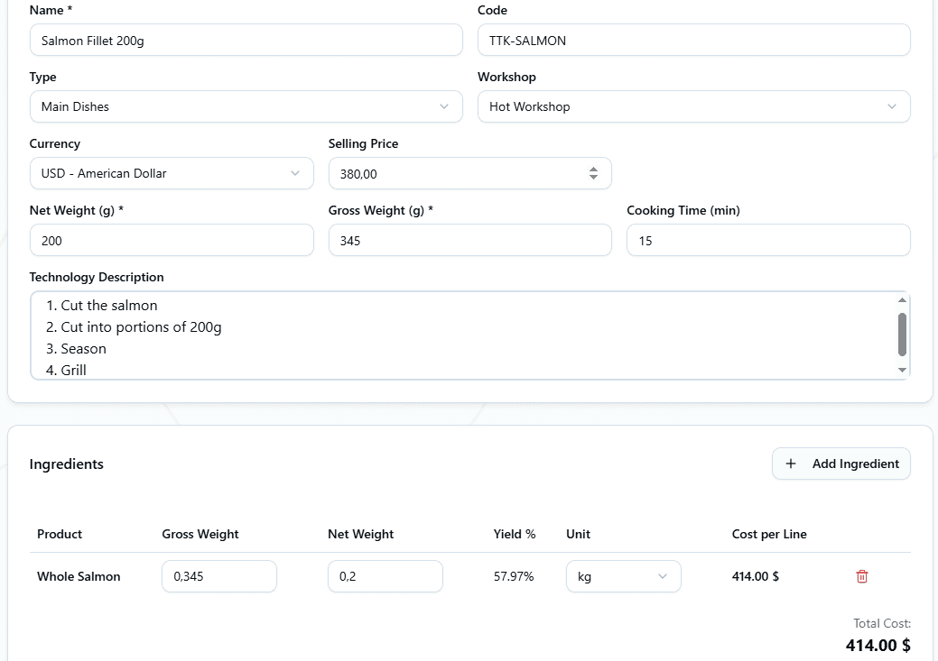 Interface showing Technical-Technological Card Creation Form