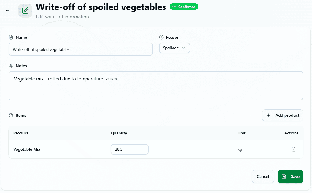 Interface showing Write-Off Act Creation Form